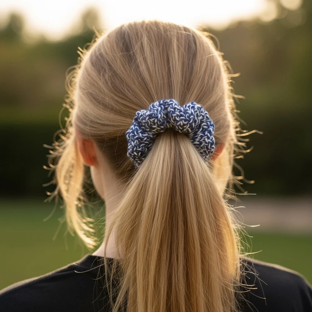 Elegant Blue and White Crochet Hair Scrunchie